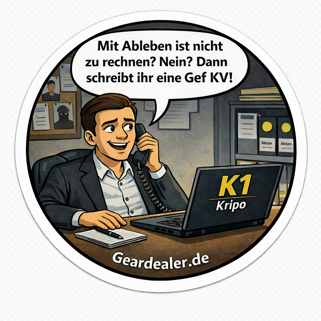 K1 Sticker „Wenn er nicht gestorben ist, schreib eine Gef KV“ von GearDealer, rund 6×6 cm, Vinyl