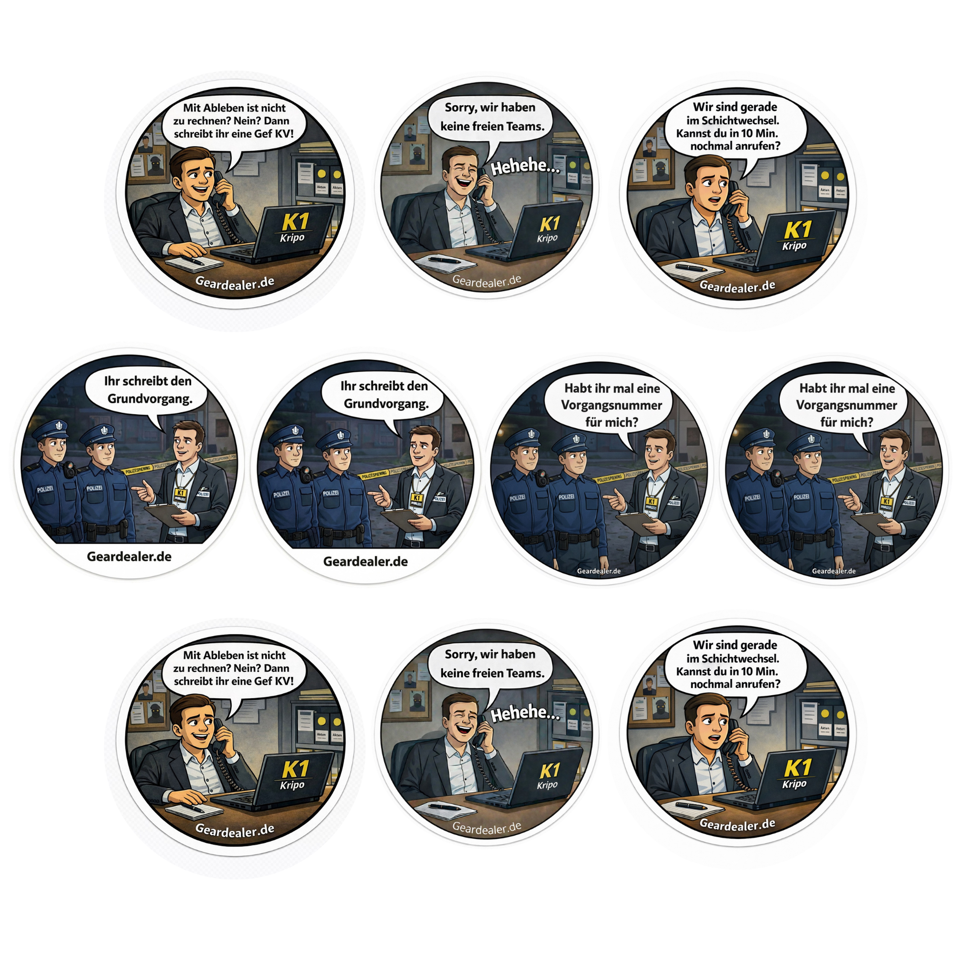 K1 Sticker – 10er Pack von GearDealer mit zehn runden Polizei-Motiven aus dem Kripo-Alltag, darunter „Gef KV“, „Ihr schreibt den Grundvorgang“, „Habt ihr mal eine Vorgangsnummer?“ und „Sorry, wir haben keine freien Teams“