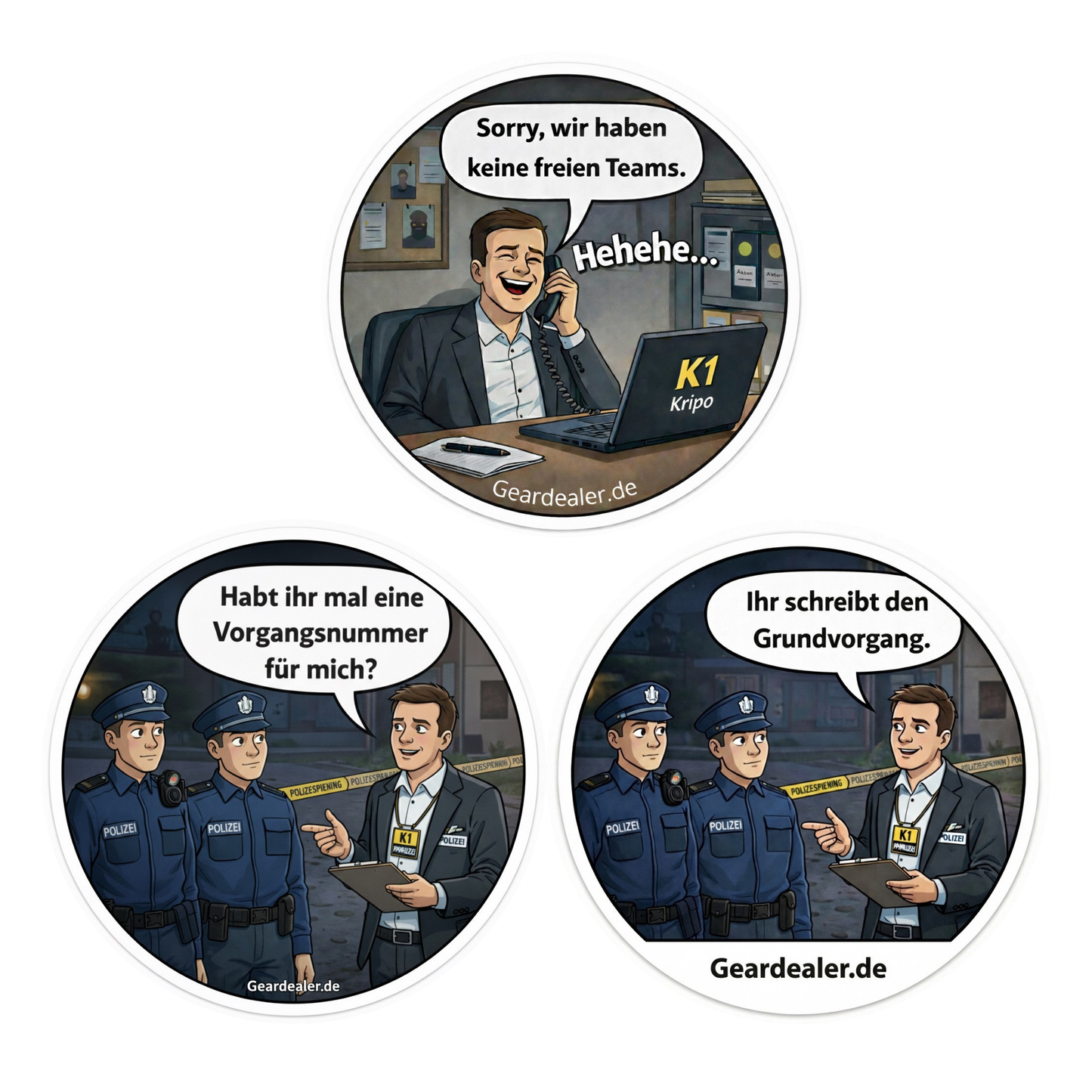 K1 Sticker Pack 3er Set von GearDealer mit den Motiven „Grundvorgang“, „Vorgangsnummer“ und „Keine freien Teams“